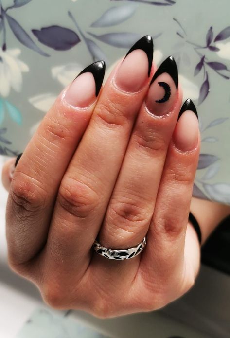 Colorful Summer Nails Designs 2023 | Nails Art Coffins | Summer Best Nails Witchy Nails Simple Moon, Moon Acrylic Nail Designs, Black Moon Nail Designs, Halloween Moon Nails, Crescent Moon Nail Design, Halloween Nails Moon, Black Nails With Moon, Nails Moon Design, Nails With Moon Design