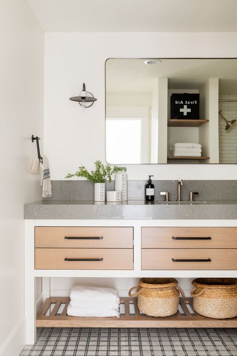 Northridge Remodel - Studio McGee Northridge Remodel, Studio Mcgee Bathroom, Grey Quartz Countertop, Wood Wall Texture, Transitional Decor Bathroom, Shiplap Backsplash, American Farmhouse Style, Cottage Bathroom, White Shiplap