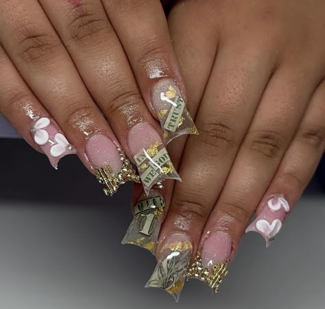 Short Money Nails, Money Nail Set, Money Nails Designs, Money Nails, Girly Acrylic, Girly Acrylic Nails, Cute Nail, Long Acrylic, Unique Acrylic Nails