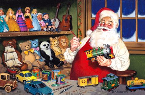 Tom Newsom (b.1944) —  Santas Workshop,  2011  (960×626) Workshop Drawing, Christmas Workshop, Toy Workshop, Santa Art, Creation Photo, Santa's Workshop, Christmas Gift Tags Printable, Shop Illustration, Doodle Sketch