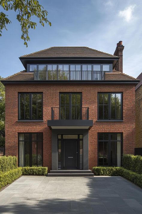 Traditional Red Brick House, Red Brick Architecture, Modern Red Brick House, Red Brick Black Windows, Modern British House, Red Brick Facade, Modern Brick House, Framed Windows, Neoclassical House