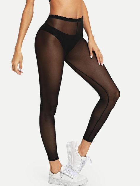 Net Yarn Solid Leggings -SheIn(Sheinside) Net Leggings Outfit, Mesh Gym Leggings, Mesh Workout Leggings, Arabian Clothing, Net Leggings, Justice Leggings, Gothic Leggings, High Waist Sports Leggings, How To Wear Leggings