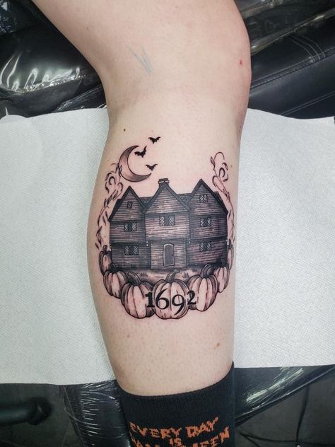 salem witch trials tattoo spooky scary halloween goth emo witchcraft wicca paganism pagan the craft house pumpkin leaves leaf Salem Witch Trials Tattoo, Salem Witch Tattoo Ideas, Monster House Tattoo, Hag Tattoo, Salem Witch Tattoo, Salem Tattoo Ideas, Cute Mother Daughter Tattoos, Salem Tattoo, Witch Tattoo Ideas