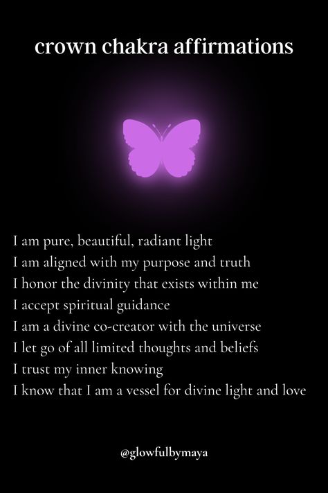 crown chakra affirmations by glowfulbymaya [positivity grateful motivational happiness self love spirituality] Crown Chakra Affirmation I Understand, Psychic Affirmations, Chakra Questions, Crown Chakra Affirmation, Boundaries Setting, Self Love Spirituality, Empowerment Affirmations, Body Energy Flow, Spirituality Energy Universe