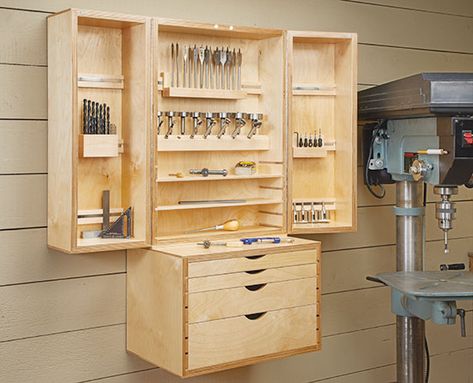 Drill Bit Storage, Woodsmith Plans, Bit Storage, Tool Storage Cabinets, Workshop Layout, Storage Center, Garage Tool Storage, Woodworking Shop Layout, Tool Storage Diy