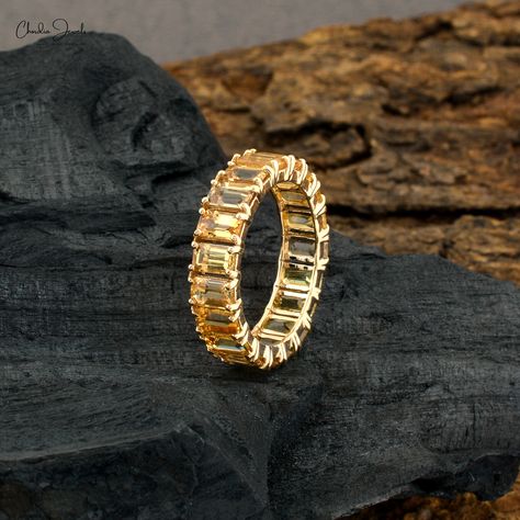 Citrine Wedding Band, Emerald Cut Wedding Band, Sapphire Anniversary Ring, Gemstone Wedding Ring, Sapphire Eternity Band, Anniversary Rings For Her, Gemstone Wedding Rings, Dainty Band, Full Eternity Ring