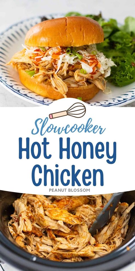 Slowcooker Hot Honey Chicken Crock Pot Potluck Ideas, Chicken For Sandwiches, Crispy Pickles, Honey Chicken Crockpot, Spicy Shredded Chicken, Honey Chicken Breast, Guy Food, Shredded Chicken Recipe, Meal Train