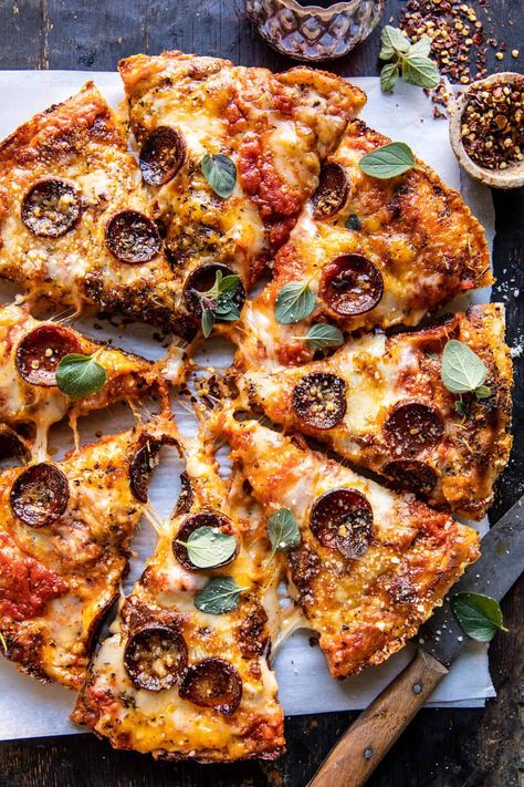 Crispy Tomato Herb Cheese Pan Pizza | halfbakedharvest.com Pizza Melts, Half Baked Harvest Recipes, Baked Rigatoni, Pesto Cheese, Cheesy Pizza, Crispy Cheese, Winter Dishes, Herb Cheese, Lasagna Soup