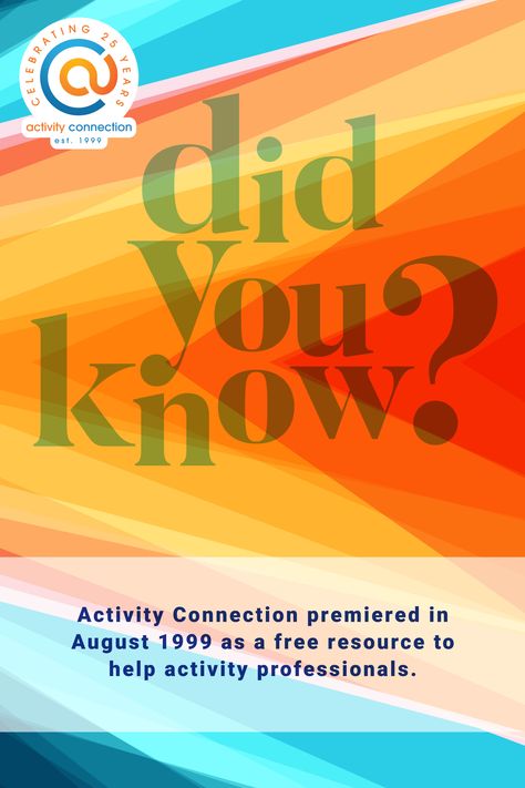 Did you know Activity Connection is celebrating 25 years? Founded by an activity professional, AC began as a free online resource to help activity professionals succeed. ❤️ https://activityconnection.com/

#SeniorLiving #ActivityProfessionals #ActivitiesForSeniors #Homecare #HealthyAging #WeAreActivities Activities For Seniors, Senior Living, Healthy Aging, Home Care, 25 Years, Professions, Free Online, Did You Know