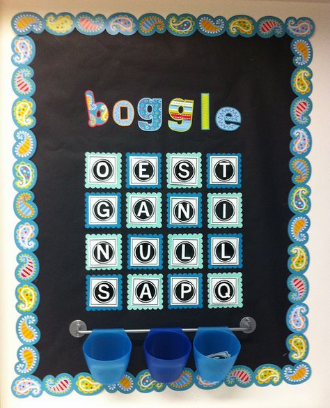 Not that I'll ever get another classroom, but this is an awesome idea for a center! Boggle Bulletin Board, Boggle Board, Boggle Game, Interactive Bulletin Boards, Classroom Planning, Teaching Literacy, Reading Classroom, Creative Classroom, Classroom Fun