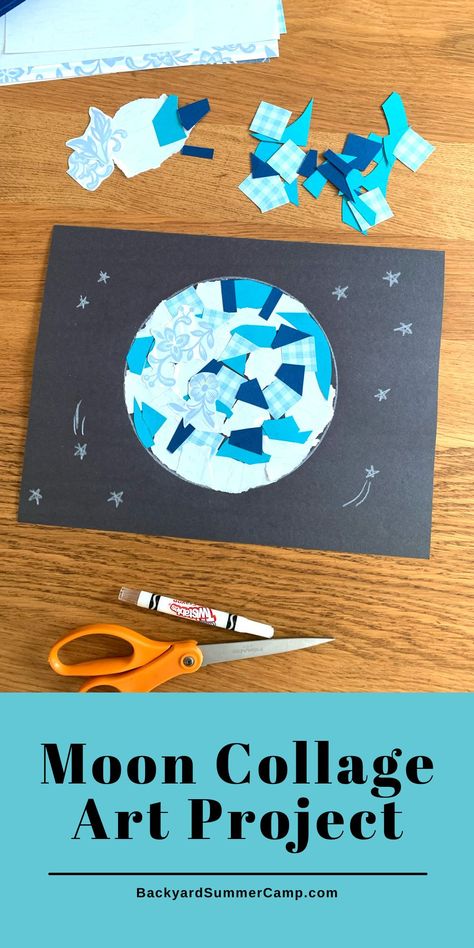 Turn scrap paper into unique space art with this open-ended moon collage art project for kids of all ages. Use magazines, product packaging, or scrapbook paper! Tutorial at Backyard Summer Camp. Astronomy Art Projects, Moon Art Projects For Kids, Planets Projects For Kids, Galaxy Art For Kids, Moon Crafts For Kids, Space Art Projects For Kids, Space Art For Kids, Collage For Kids, Art Summer Camp