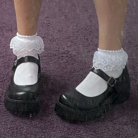 frilly socks and mary janes Frilly Socks With Heels, Lace Socks With Loafers, Frilly Socks And Loafers, How To Draw Mary Janes Shoes, Lace Socks Aesthetic, How To Draw Mary Janes, Mary Jane Socks, Mary Janes Drawing, Frilly Socks And Heels