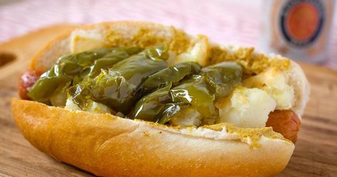 Italian Hot Dog, Peppers And Potatoes, Hot Dog Sauce Recipe, Fried Hot Dogs, Italian Potatoes, Fried Peppers, Hot Dog Sauce, Hot Dogs Recipes, Joy Bauer