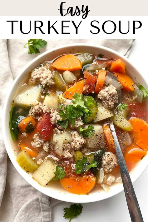 This easy slow cooker ground turkey vegetable soup is hearty, flavorful, and full of veggies! It’s an easy turkey soup that's a super healthy recipe and will keep you full! Save this pin for later! Turkey Meat Soup Recipes, Soup With Ground Turkey Meat, Healthy Slow Cooker Soup Recipes, Healthy Turkey Soup, Soup With Ground Turkey, Healthy Ground Turkey Soup, Slow Cooker Ground Turkey Recipes, Ground Turkey Spinach Soup, Ground Turkey Soup Healthy