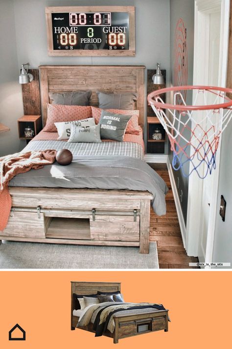 Turn your child's room into the perfect reflection of what they love. We think this room is a slam dunk! Basketball Themed Bedroom, Basketball Theme Room, Basketball Room Decor, Boy Sports Bedroom, Basketball Bedroom, Basketball Room, Sport Bedroom, Boy Rooms, Big Boy Bedrooms