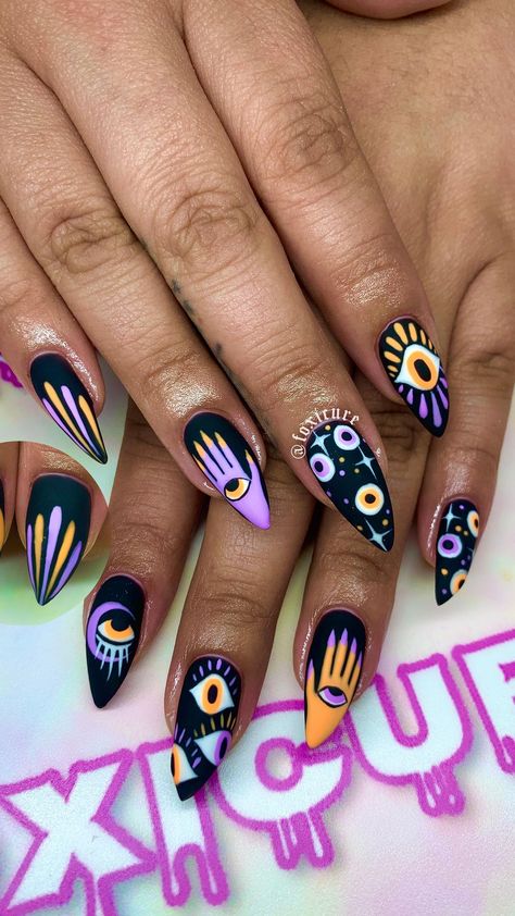 Sunflower Nail Art Designs, Fortune Teller Nails, Tattoo Nails Designs, Eye Ball Nails, Samhain Nails, Funky Halloween Nails, Short Witchy Nails, Tea Party Nails, Neon Halloween Nails