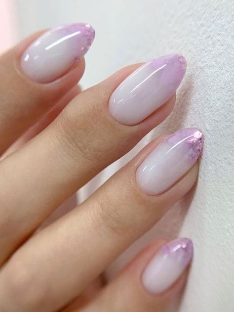 14 Purple Ombre Nails With a Touch of Minimal Style | The KA Edit Minimal Purple Nails, Light Purple And White Ombre Nails, Mauve Ombré Nails, Milky White And Purple Nails, Purple To White Ombre Nails, Lavender Ombré Nails, Ombre Nail Designs Short, Purple And White Nail Designs, Ombre Purple Nails