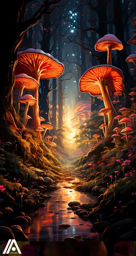 Mushroom Scene Drawing, Mushroom Environment, Mushroom Forest Drawing, Mushroom Forest Painting, Mushroom Fairy Art, Fairy Forest Art, Forest Fairy Art, Paint Mushrooms, Mushroom Forest Art