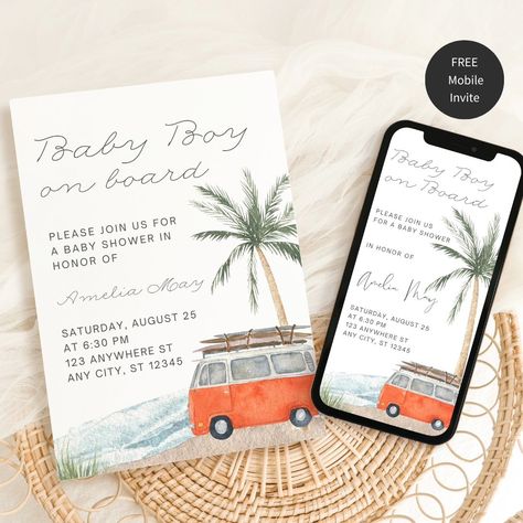 Baby on board! 🌊 🏄‍♂️ Surfs up, a beach baby is on the way! The perfect beach vibes baby shower bundle for the soon to be surf babies 🩵🩷 Both boy & girl designs to choose from! ✌️ #beachbaby #beachbabies #babyshowerideas #babyshowertheme #beachbabyshower Surf Baby, Beach Baby Showers, Baby Printables, Summer Baby Shower, Baby On Board, Watercolor Ocean, Beach Baby, Beautiful Invitations, Surfs Up