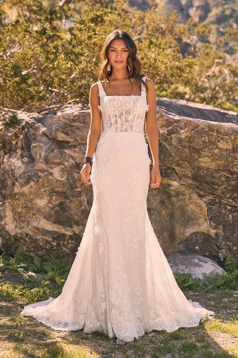 Lillian West - Style 66318: Lace Fit and Flare with Beaded Lace Appliqués and 3D Flowers Lillian West Wedding Dress, Fitted Lace Wedding Dress, Stile Boho Chic, Girls Bridesmaid Dresses, Lillian West, Bridal Elegance, West Wedding, Fit And Flare Wedding Dress, Charlotte Wedding