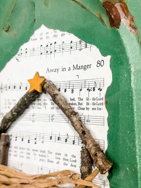 Old Hymnal Crafts, Wood Nativity Diy, Christmas Decorating On A Budget, Hobby Lobby Ornaments, Christmas Sign Diy, Walmart Christmas Trees, Hymnal Crafts, Nativity Scene Diy, Simple Nativity