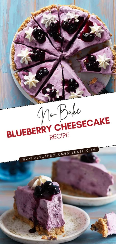 Step into your kitchen and prepare a delectable treat without even turning on your oven. Learn how to make a no-bake blueberry cheesecake from scratch, complete with homemade blueberry sauce, a creamy cheese filling, and a light graham cracker crust. Ideal for learners craving a taste of something new! Blueberry Cheesecake Recipes No Bake, Blueberries Cheesecake Recipes, Blueberry Cheesecake Filling, Easy No Bake Blueberry Cheesecake, No Bake Cheesecake Blueberry, Blueberry Cheesecake Recipes Easy, Recipes With Frozen Blueberries, Berry No Bake Cheesecake, Blueberry No Bake Cheesecake