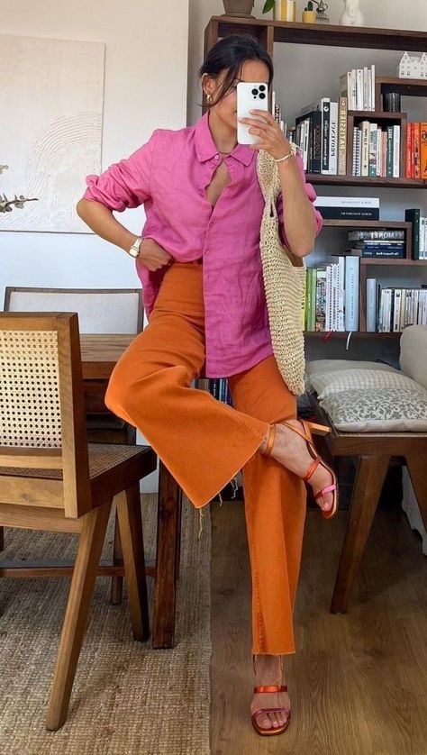 Orange Shirt Work Outfit, Colourful Shirts Outfits, Orange Professional Outfits, Summer Orange Pants, Colorful Combinations Outfits, Outfit Pink Trousers, Orange Trousers Outfit Summer, Orange Trouser Outfit Women, Bright Blue Top Outfit Ideas