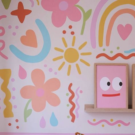 Baby Nursery Colorful, Painting For Baby Room, Fun Girls Room, Happy Nursery, Rainbow Girls Room, Baby Room Paintings, Nursery Wall Painting, Kids Rooms Inspo, Kids Room Murals