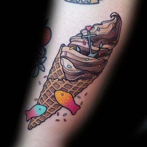 Awesome Ice Cream Tattoos For Men Tattoo Guys, Ice Cream Tattoo, Dust In The Wind, Cream Tattoo, Tasty Ice Cream, Food Tattoos, Omerta Tattoo, Tattoo Machines, Cute Tattoos For Women