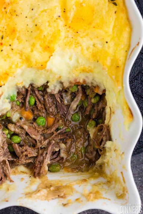 Delicious easy cottage pie recipe made with pot roast leftovers or use roast beef or ground beef. It is often called a shepherd's pie recipe but shepherd's pie has pork, not beef. This easy weeknight meal is great if you have pot roast or mashed potatoes leftovers. Or you can make them just for this easy beef recipe. It's traditionally a British recipe but has become an American staple as well. This cottage pie recipe has carrots, peas, onions, beef, potatoes seasoning. Dinner Boards, Traditional Meals, Leftover Pot Roast, Meat And Veggies, Cottage Pie Recipe, English Recipes, Leftover Roast Beef, Irish Cooking, British Recipes