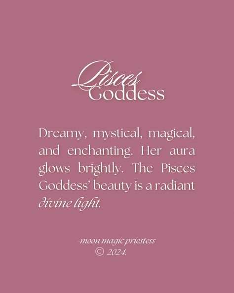 Pisces ♓️ Goddess Energy. Dreamy, mystical, magical, and enchanting. Her aura glows brightly. The Pisces Goddess’ beauty is a radiant divine light. ✨When I first started moon magic priestess, my posts were mainly about astrology, primarily zodiac signs. Today’s meme brings back so many good memories.✨ 🤍 @moonmagicpriestess #moonmagicpriestess #pisces #piscesseason #pisceswomen #pisceshoroscope #piscesmoon #piscespower #pisceslove #piscesqueen #astrology #zodiacsign #zodiac Original quot... Pisces Beauty, Aura Of A Pisces, Pisces Magic, Pisces Energy Quotes, Pisces Goddess, Pisces Energy, Goddess Beauty, Pisces Woman Sexuality, 60th Birthday Decorations