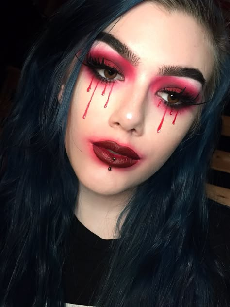 Easy Blood Makeup, Halloween Costumes Blood Ideas, Halloween Costumes With Blood, Zombie Nurse Makeup, Halloween Makeup Looks Blood, Glitter Blood Makeup, Blood Tears Makeup, Crying Blood Makeup, Blood Makeup