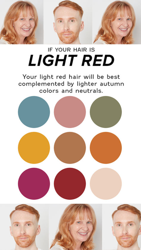 Choosing the right colors for your outfit can make your red hair pop and help you look and feel your best in photos. Here are some redhead color recommendations: Color Palette For Redheads, Colors That Look Good On Redheads, Red Hair Fair Skin Blue Eyes, Redhead Clothing Colors, What To Wear With Copper Hair Outfit, Outfits With Ginger Hair, Copper Colour Palette, Family Pictures What To Wear, Light Red Hair