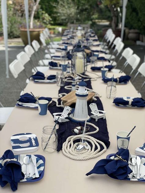 Ahoy There! Happy birthday, CAPTAIN D ⚓️ | CatchMyParty.com Summer Party Theme Ideas, Nautical Centerpiece Ideas, Summer Party Theme, Sailor Decor, End Of Summer Party, Neon Glow Party, Nautical Centerpiece, Sailor Party, Theme Bapteme