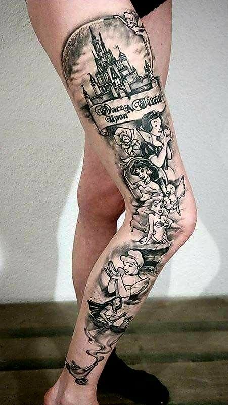 Disney Sleeve Tattoos, Disney Sleeve, Disney Princess Tattoo, Princess Tattoo, Inspiration Tattoos, Disney Tattoo, Wallpaper Disney, Geniale Tattoos, Leg Sleeve Tattoo