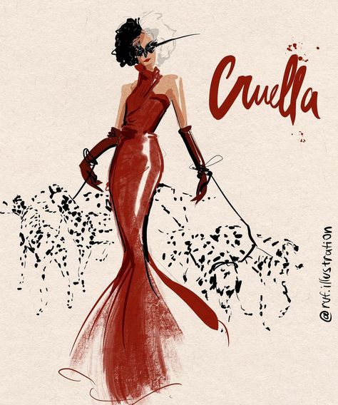 Cruella Design Sketches, Disney Fashion Illustration, Cruella Fashion Illustration, Beautiful Dress Designs Drawing, Interesting Fashion Design, Fashion Illustration Sketches Dresses Design Inspirational, Cruella Deville Wallpaper, Fashion Designer Poster, Vogue Drawing