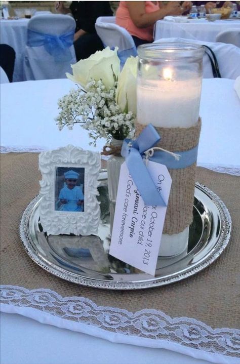 Baptism table center piece, not too fancy not too simple. Baptism Party Boy, Baptism Decorations Boy, Communion Centerpieces, Baptism Party Decorations, Confirmation Party, Baptism Centerpieces, Holy Communion Party, Boys First Communion, First Communion Decorations