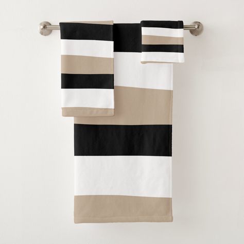 Uneven Stripes - Taupe, Black and White Bath Towel Set Bathroom Cream And Black, Black And Cream Bathroom Ideas, Tan And Gray Bathroom, White And Tan Bathroom, Beige And Black Bathroom, Cream Bathroom Ideas, White And Cream Bathroom, Black And Cream Bathroom, Tan Bathroom