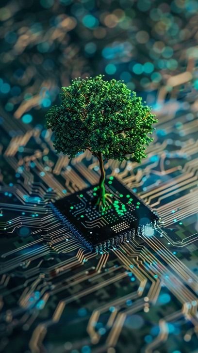 The imagery of a lush, green tree emerging from the heart of a complex circuit board communicates a powerful message about the fusion of natural elements and technological advancements. This synthesis suggests a harmonious balance where technology supports and enhances natural growth, symbolizing hope for a sustainable future where technology and ecology coexist seamlessly. Such a depiction encourages a reflection on the potential for technology to align more closely with environmental conservat Nature Technology Art, Sustainability Wallpaper, Tree Communication, Innovation Aesthetic, Ecology Aesthetic, Tree Energy, Work Mood, Technology Devices, Green Footprints