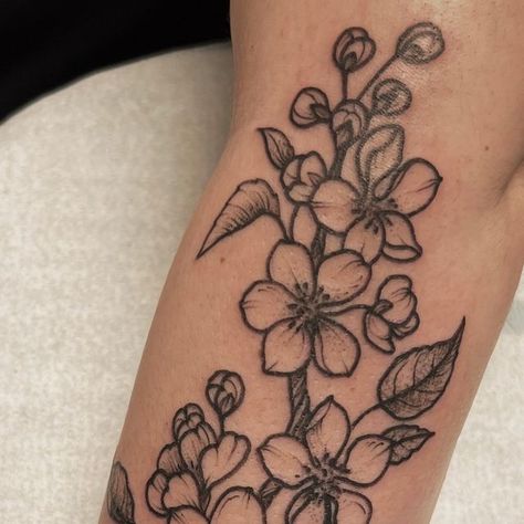 Cherry Blossom Black Tattoo, Cherry Blossom Tattoo Old School, Black And Grey Cherry Blossom Tattoo, Cherry Blossom Tattoo Black And White, Cherry Blossom Forearm Tattoo, Traditional Cherry Blossom Tattoo, Cherry Blossom Tattoo Black, Japanese Blossom Tattoo, Apple Blossom Tattoos