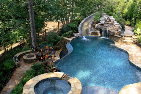 pool with slide waterfall grotto cave | Vance Dover | Flickr Backyard Pool With Slide, Pool With Slide, Backyard Lazy River, Grotto Pool, Lazy River Pool, Bio Pool, Moderne Pools, Living Pool, Freeform Pools