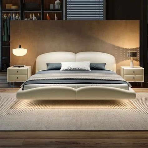 Bed Design Modern Luxury, Bedroom Luxurious, Simple Bed Frame, Shaped Headboard, Floating Bed Frame, Fabric Bed Frame, Bed Frame Design, Wooden Bed Design, Floating Bed