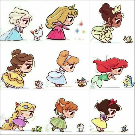 Disney Princess Cartoon Drawings, Chibi Disney Drawings, Disney Princess Cute Drawing, Disney Chibi Characters, Mini Disney Drawings, Cute Princess Drawing, Small Disney Characters, Frozen Doodles, Disney Princess Drawings Easy