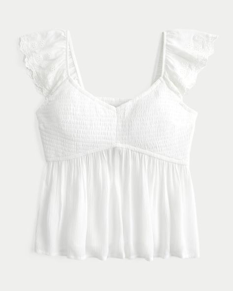 Women's Easy Flutter Sleeve Babydoll Top | Women's Tops | HollisterCo.com Girly Tops, White Flowy Top, Fall Tops, School Tops, Freshman Year, Embroidered Details, School Fits, Babydoll Top, Flowy Tops