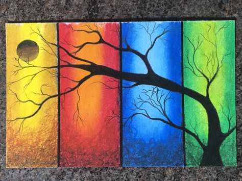 4 Seasons Drawing, Seasons Drawing, Oil Pastels For Beginners, Pastels For Beginners, Drawing With Oil Pastels, Four Seasons Art, Fruit Art Drawings, Sunset Canvas Painting, Disney Canvas Art