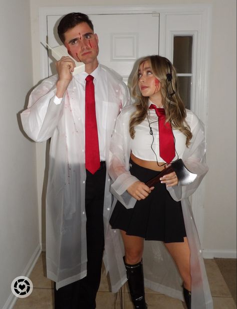 American Pyscho Couples Costume, Diy Costume For Men Halloween, Halloween 2024 Couple Costumes, American Physco Couple Costume, Couple Halloween Costumes From Horror Movies, Patrick Batman Costume, Patric Batman Costume, American Pshyco Couple Costume, Patrick Bateman Costume Guy