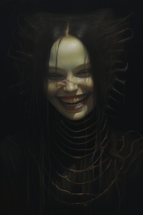 Beautiful woman smiling, goth fashion, dark fashion, black clothing, model, scar, scarred, death, painting, portrait Evil Grin Drawing Reference, Occultism Aesthetic, Deformed Face, Lilith Painting, Evil Smirk, Evil Woman, Creepy Smile, Evil Villains, Macabre Art