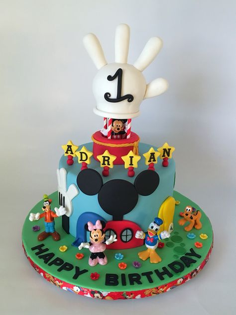 Disney's Mickey Mouse Clubhouse 1st Birthday Cake with Hot Air Ballon Topper Mickey Mouse Clubhouse 1st Birthday, Mickey Mouse Cake Decorations, Birthday Cake Mickey Mouse, Mickey Mouse Clubhouse Birthday Cake, Cake Mickey Mouse, Mickey Birthday Cakes, Mickey Mouse Clubhouse Cake, Mickey And Minnie Cake, Mouse Birthday Cake