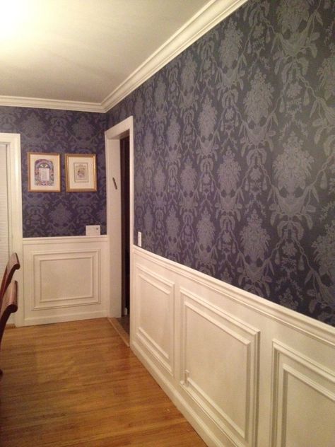 I love my Dining Room.  Navy blue damask wall paper and new moulding.  Paper is Thibaut Hampton Damask. Damask Wallpaper Living Room, Bathroom Wallpaper Navy, Dining Room Navy, Era Victoria, Damask Wall, Wainscoting Styles, Dining Room Blue, Dining Room Wallpaper, Damask Wallpaper