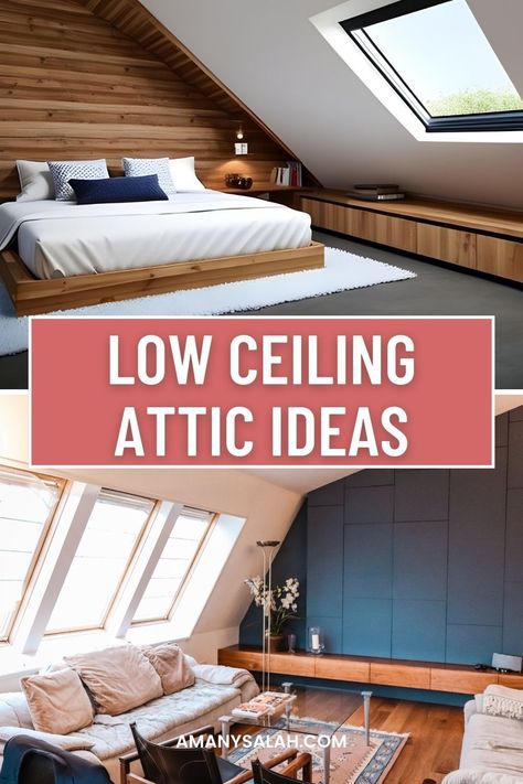 Brilliant Low Ceiling Small Attic Room Ideas that will guide you through transforming your space into a stylish and functional haven. Low Ceiling Storage, Bedroom Ideas Low Ceiling, Attic Bedroom Ideas Angled Ceilings, Low Ceiling Attic Bedroom, Small Attic Spaces, Small Attic Room Ideas, Low Ceiling Attic, Sloped Ceiling Bedroom, Low Ceiling Bedroom